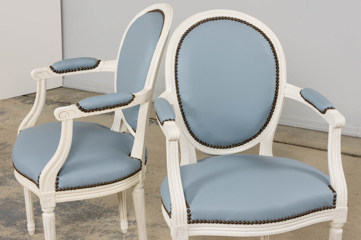 Antique French Louis XVI Style Painted Dining Chairs in Sky Blue Leather - Set of 6