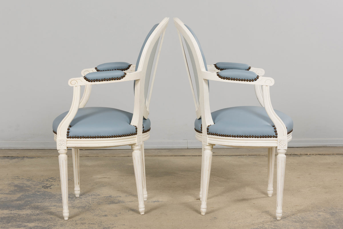 Antique French Louis XVI Style Painted Dining Chairs in Sky Blue Leather - Set of 6