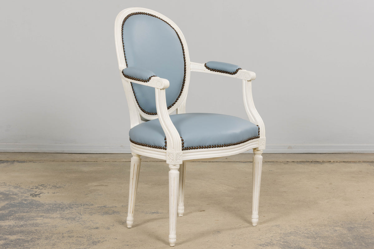 Antique French Louis XVI Style Painted Dining Chairs in Sky Blue Leather - Set of 6
