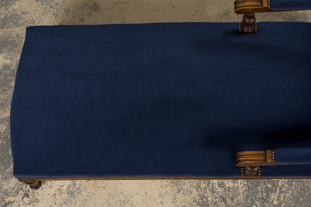 19th Century French Napoleon III Walnut Chaise Lounge in Blue Velvet