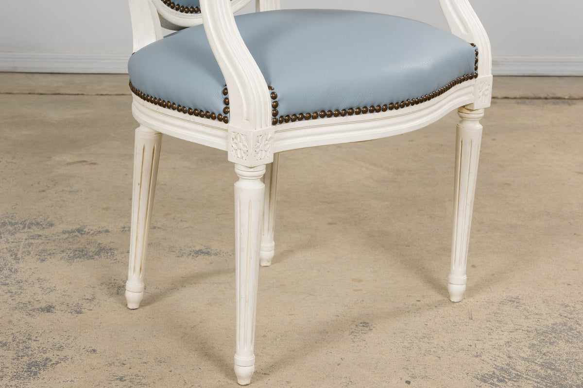 Antique French Louis XVI Style Painted Dining Chairs in Sky Blue Leather - Set of 6