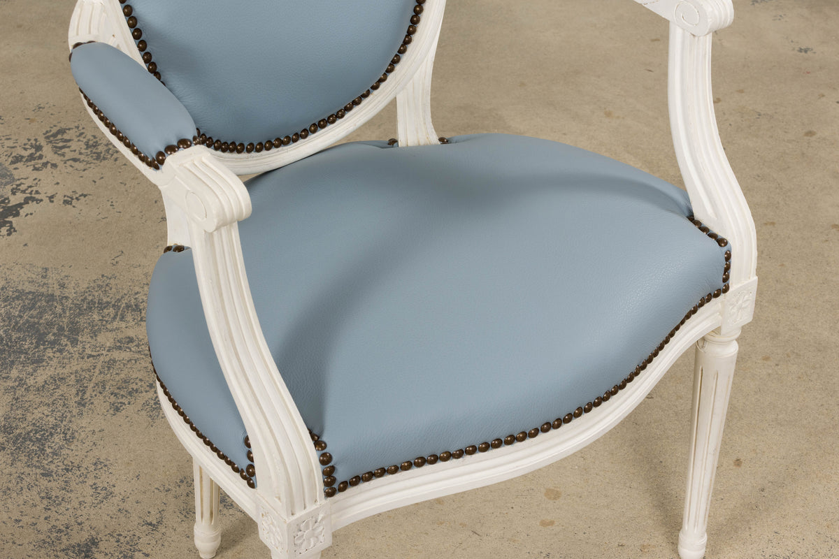 Antique French Louis XVI Style Painted Dining Chairs in Sky Blue Leather - Set of 6