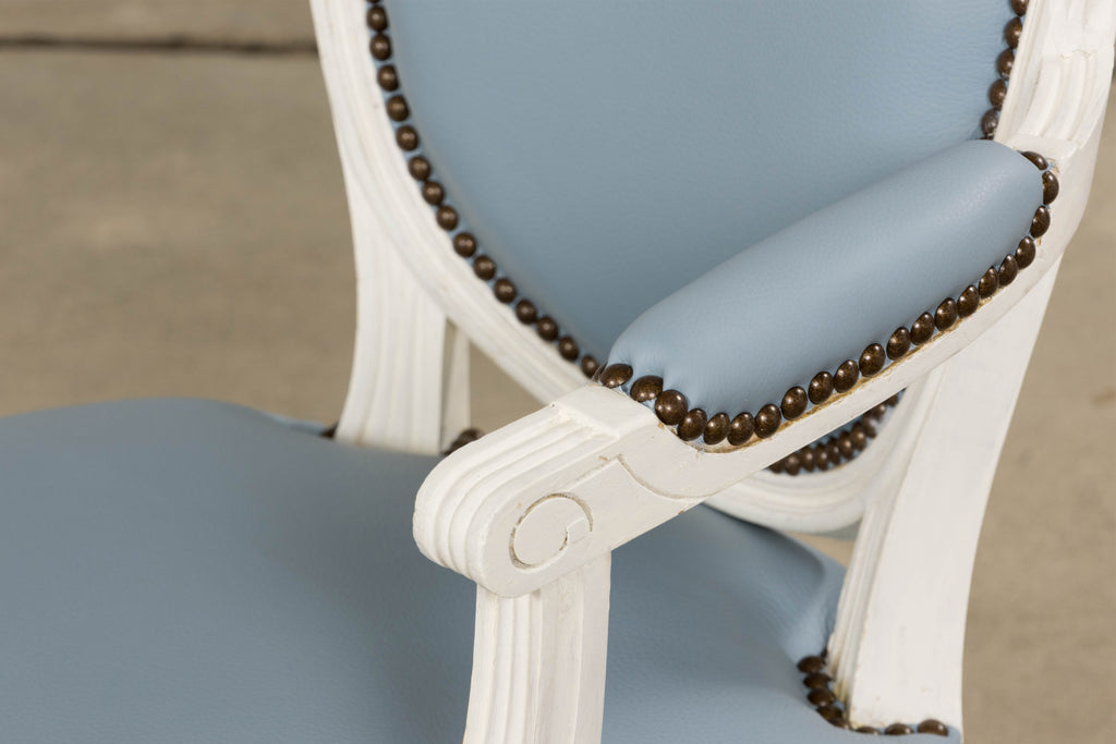 Antique French Louis XVI Style Painted Dining Chairs in Sky Blue Leather - Set of 6