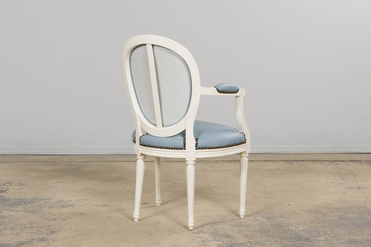 Antique French Louis XVI Style Painted Dining Chairs in Sky Blue Leather - Set of 6