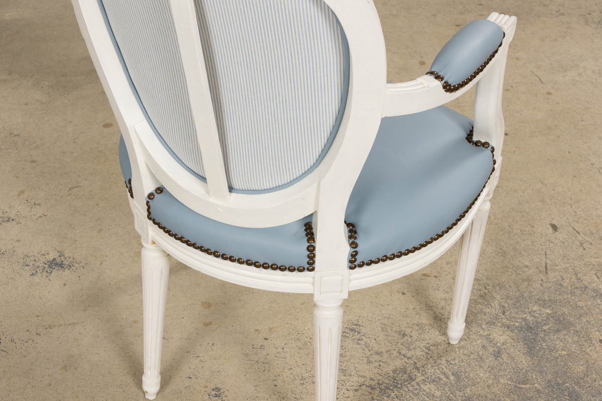 Antique French Louis XVI Style Painted Dining Chairs in Sky Blue Leather - Set of 6