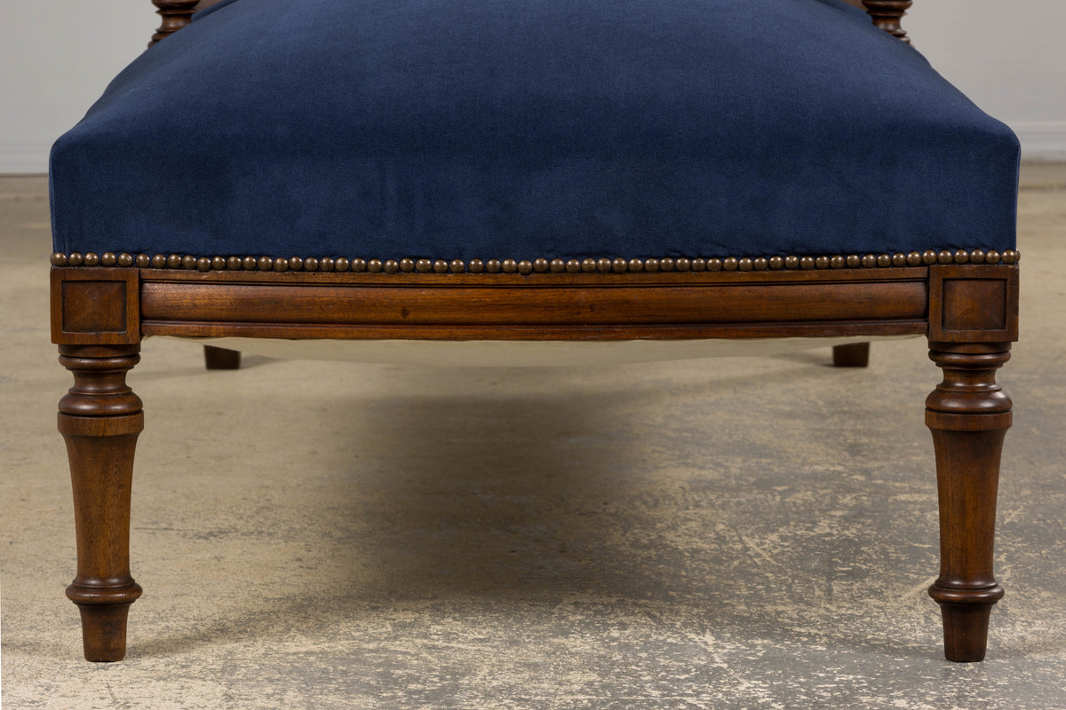19th Century French Napoleon III Walnut Chaise Lounge in Blue Velvet