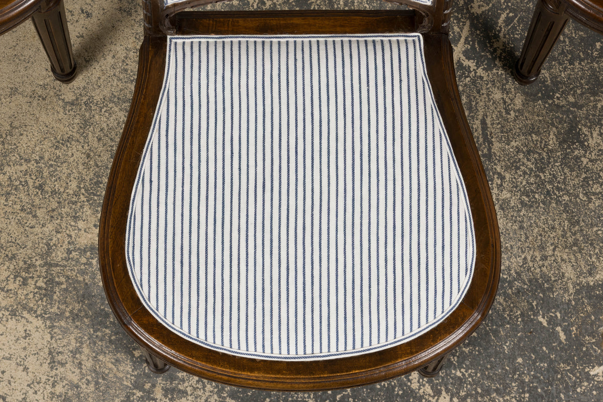 Antique French Louis XVI Style Walnut Dining Chairs in Blue Linen Stripe - Set of 6