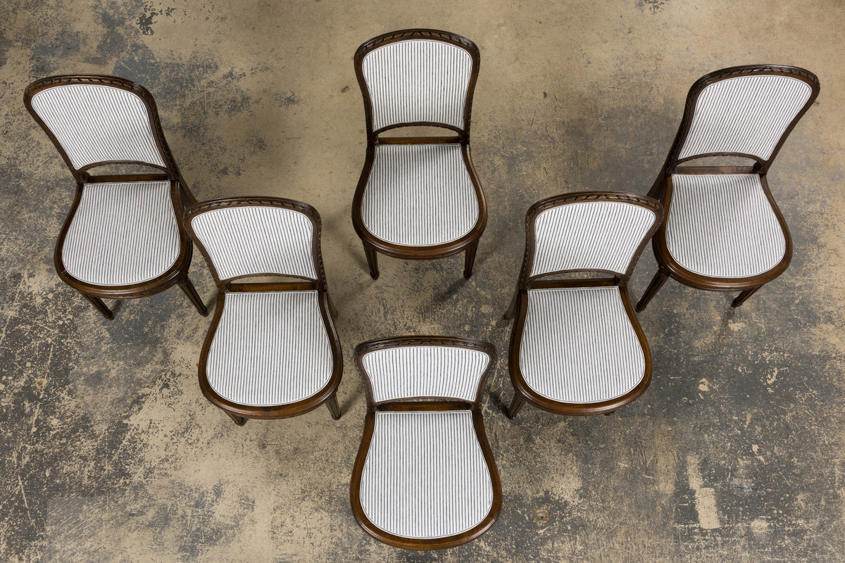 Antique French Louis XVI Style Walnut Dining Chairs in Blue Linen Stripe - Set of 6