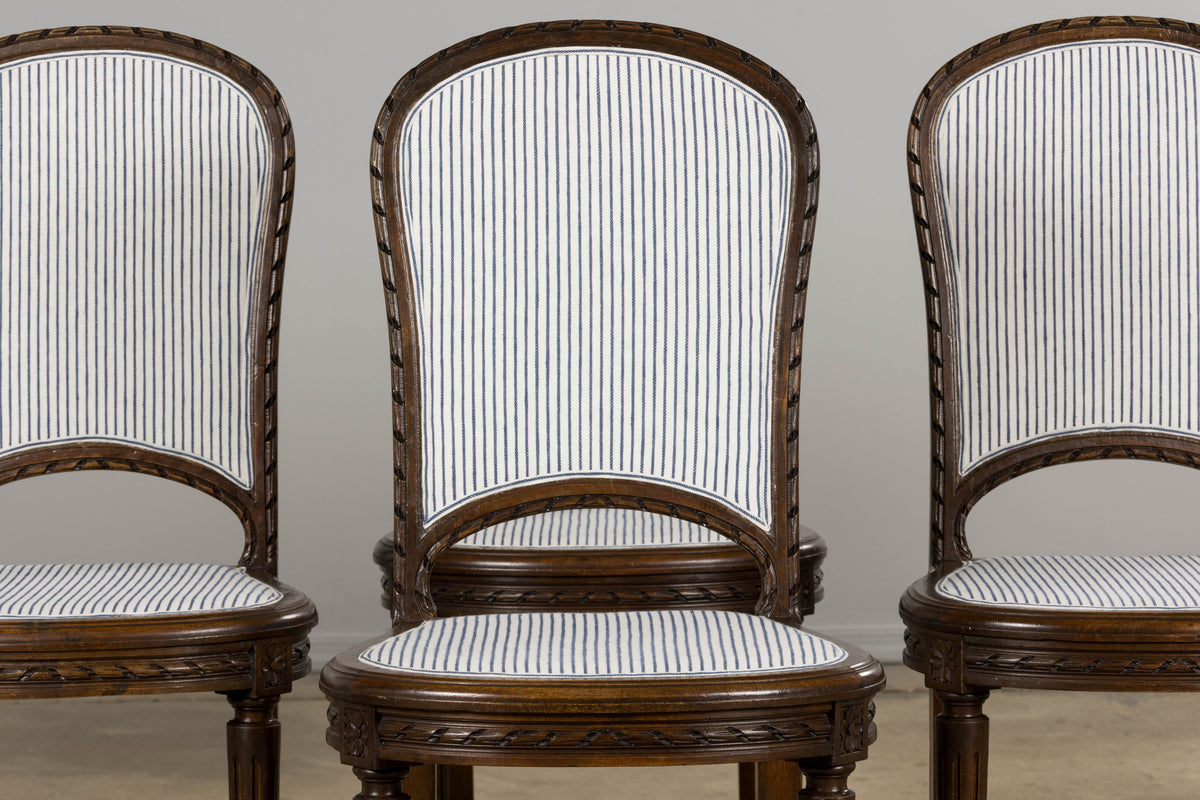 Antique French Louis XVI Style Walnut Dining Chairs in Blue Linen Stripe - Set of 6
