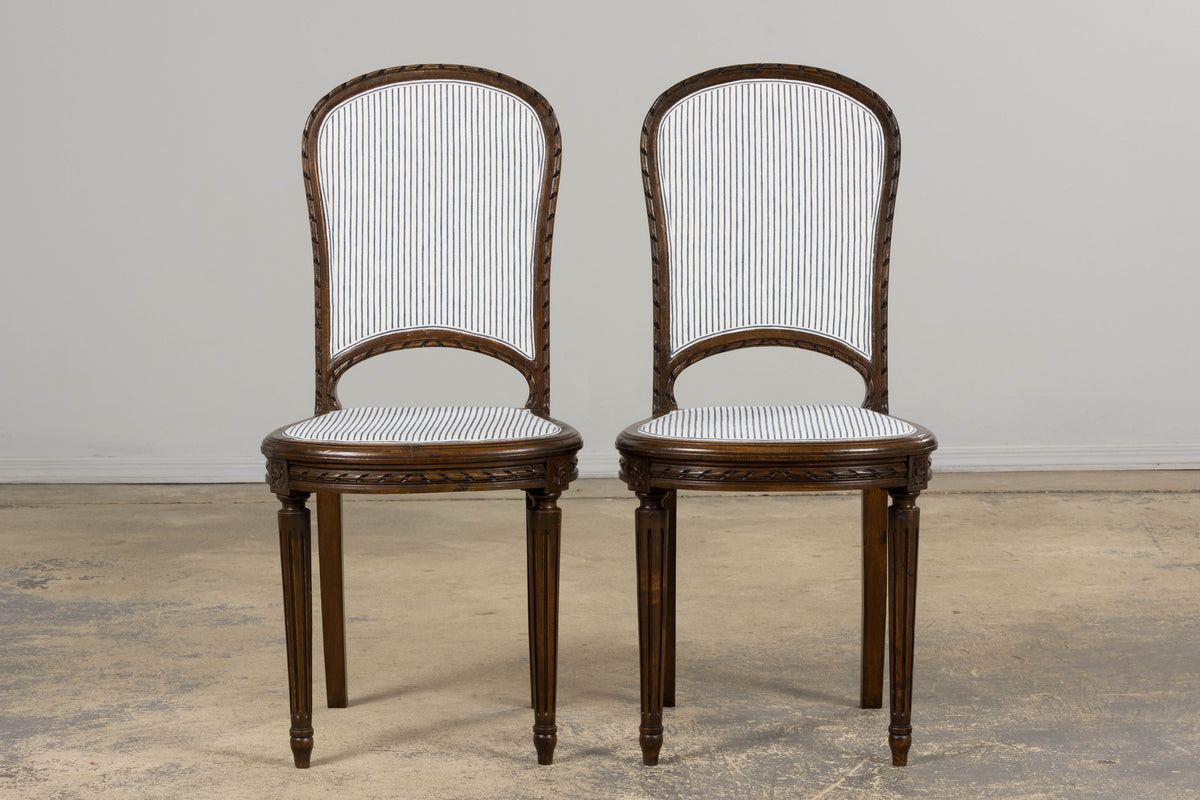 Antique French Louis XVI Style Walnut Dining Chairs in Blue Linen Stripe - Set of 6