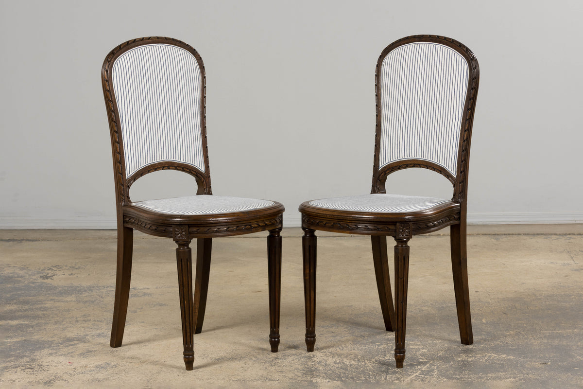 Antique French Louis XVI Style Walnut Dining Chairs in Blue Linen Stripe - Set of 6
