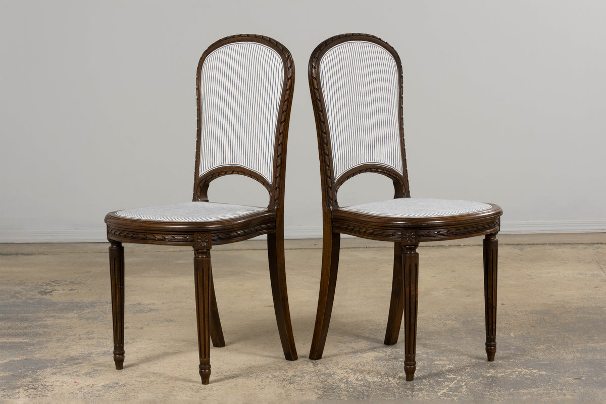 Antique French Louis XVI Style Walnut Dining Chairs in Blue Linen Stripe - Set of 6