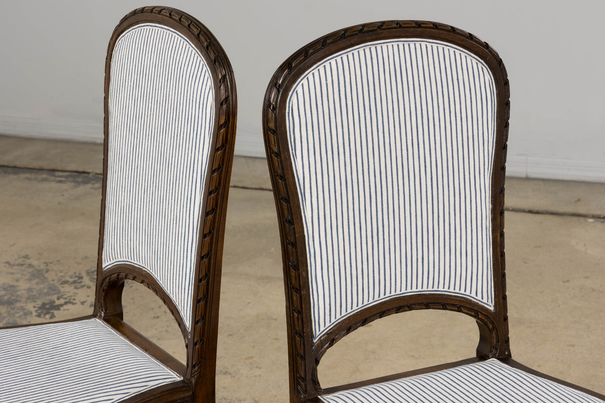 Antique French Louis XVI Style Walnut Dining Chairs in Blue Linen Stripe - Set of 6