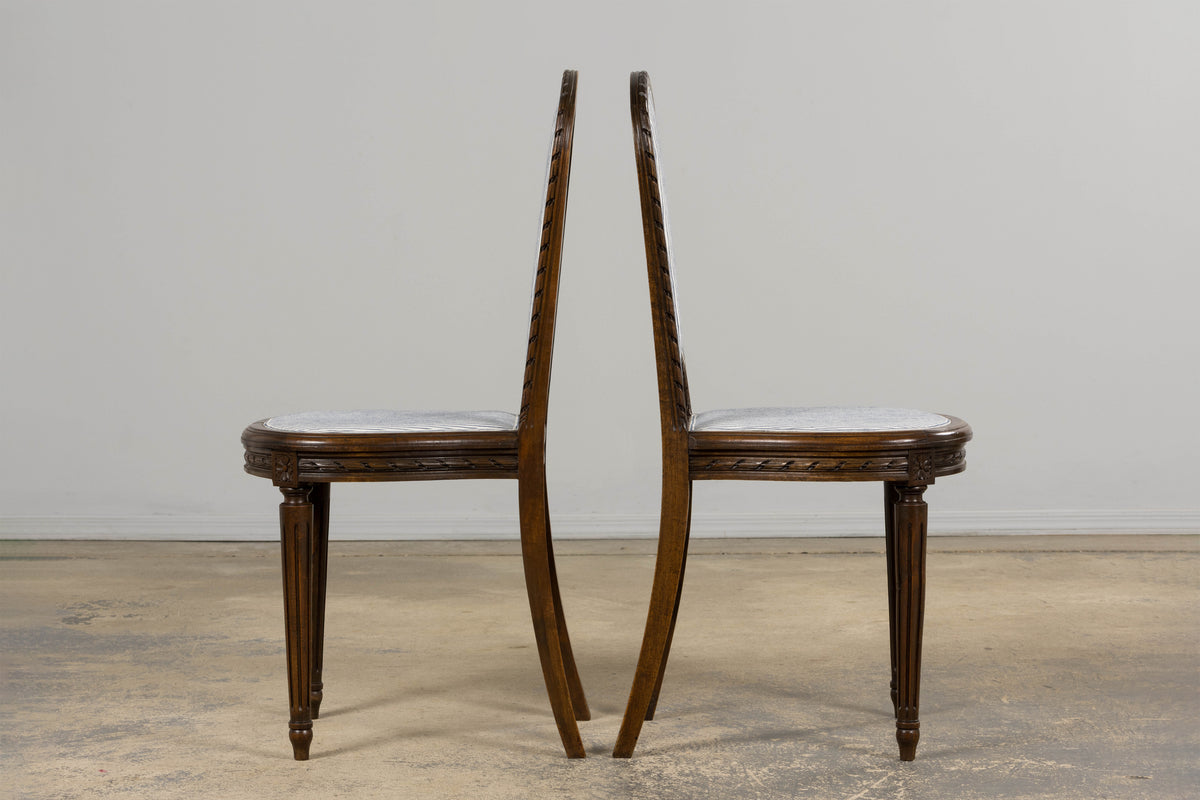 Antique French Louis XVI Style Walnut Dining Chairs in Blue Linen Stripe - Set of 6