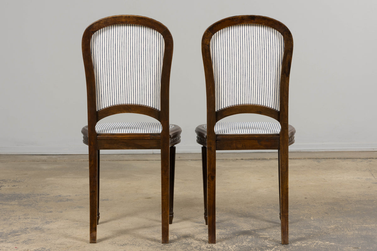 Antique French Louis XVI Style Walnut Dining Chairs in Blue Linen Stripe - Set of 6