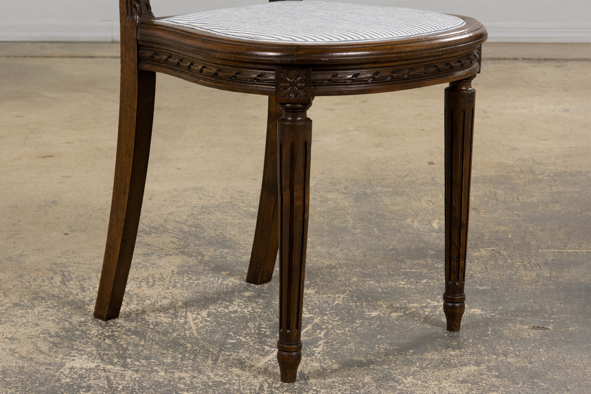 Antique French Louis XVI Style Walnut Dining Chairs in Blue Linen Stripe - Set of 6