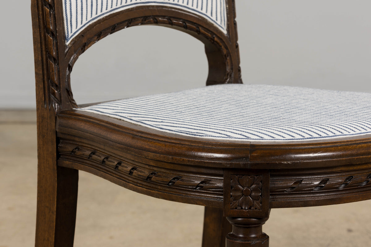 Antique French Louis XVI Style Walnut Dining Chairs in Blue Linen Stripe - Set of 6