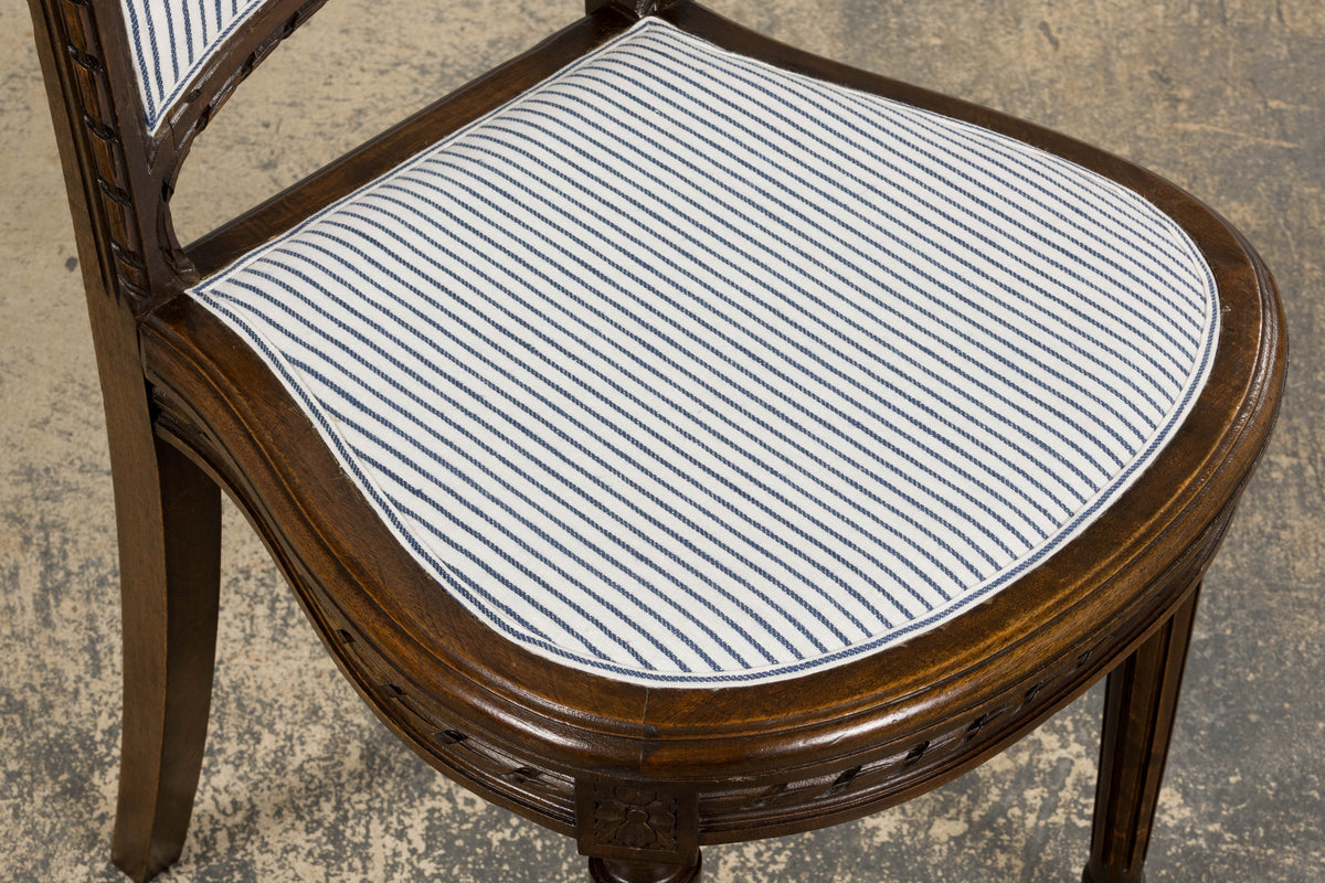Antique French Louis XVI Style Walnut Dining Chairs in Blue Linen Stripe - Set of 6