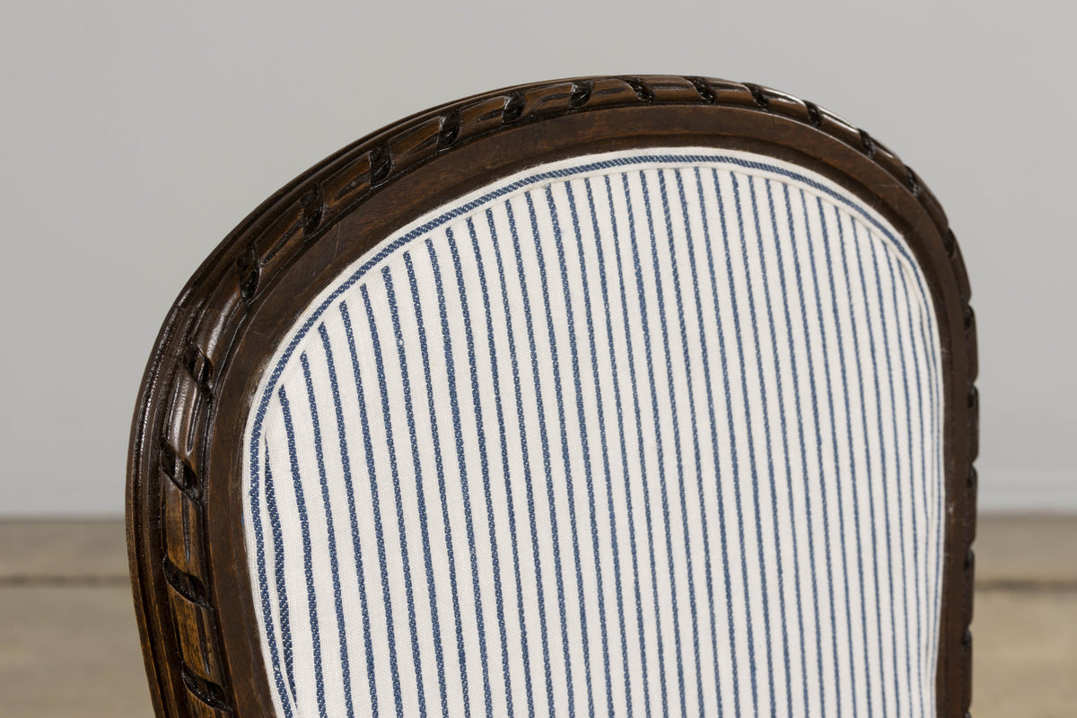 Antique French Louis XVI Style Walnut Dining Chairs in Blue Linen Stripe - Set of 6