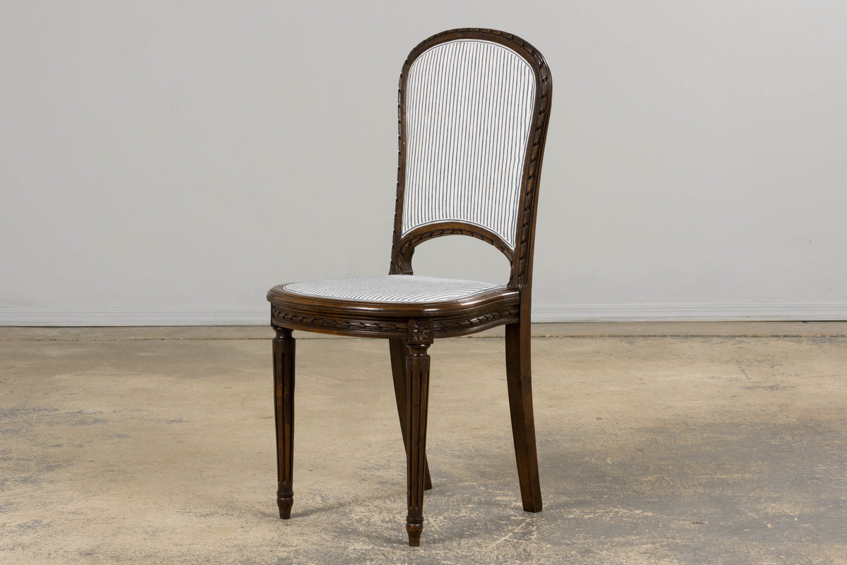 Antique French Louis XVI Style Walnut Dining Chairs in Blue Linen Stripe - Set of 6