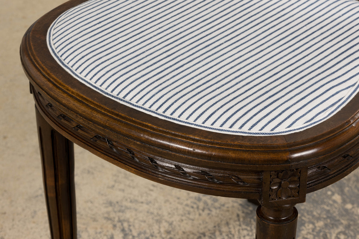 Antique French Louis XVI Style Walnut Dining Chairs in Blue Linen Stripe - Set of 6