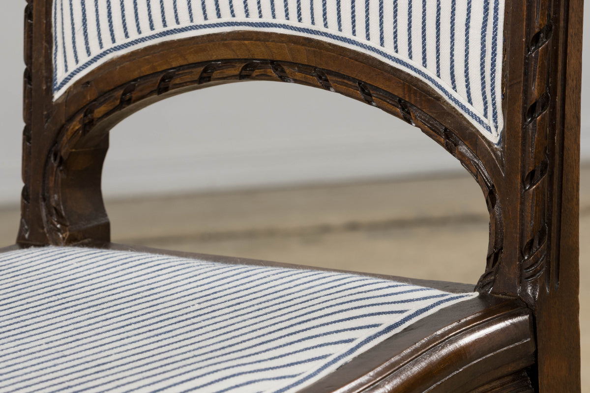 Antique French Louis XVI Style Walnut Dining Chairs in Blue Linen Stripe - Set of 6