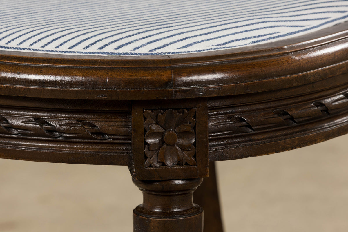 Antique French Louis XVI Style Walnut Dining Chairs in Blue Linen Stripe - Set of 6