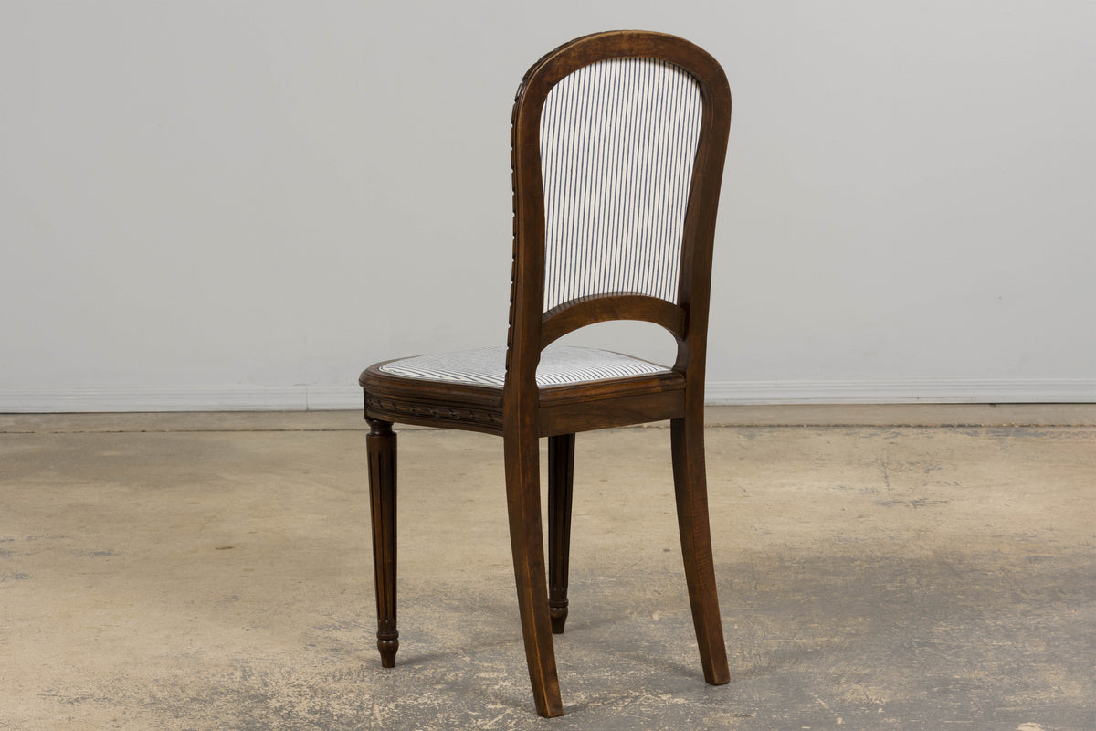 Antique French Louis XVI Style Walnut Dining Chairs in Blue Linen Stripe - Set of 6