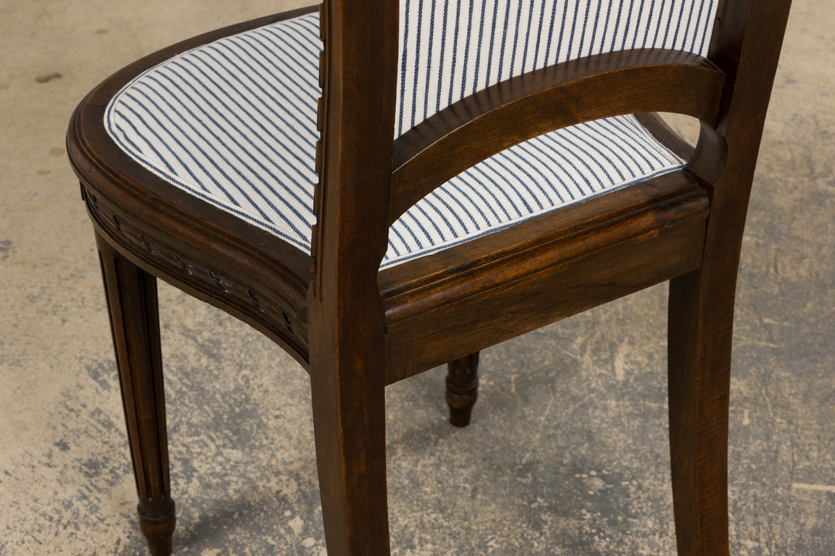 Antique French Louis XVI Style Walnut Dining Chairs in Blue Linen Stripe - Set of 6