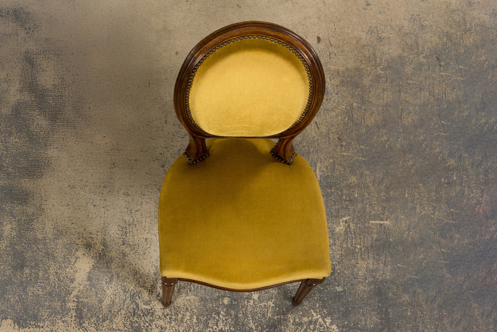 French Louis XVI Style Walnut Side Chair in Golden Yellow Velvet