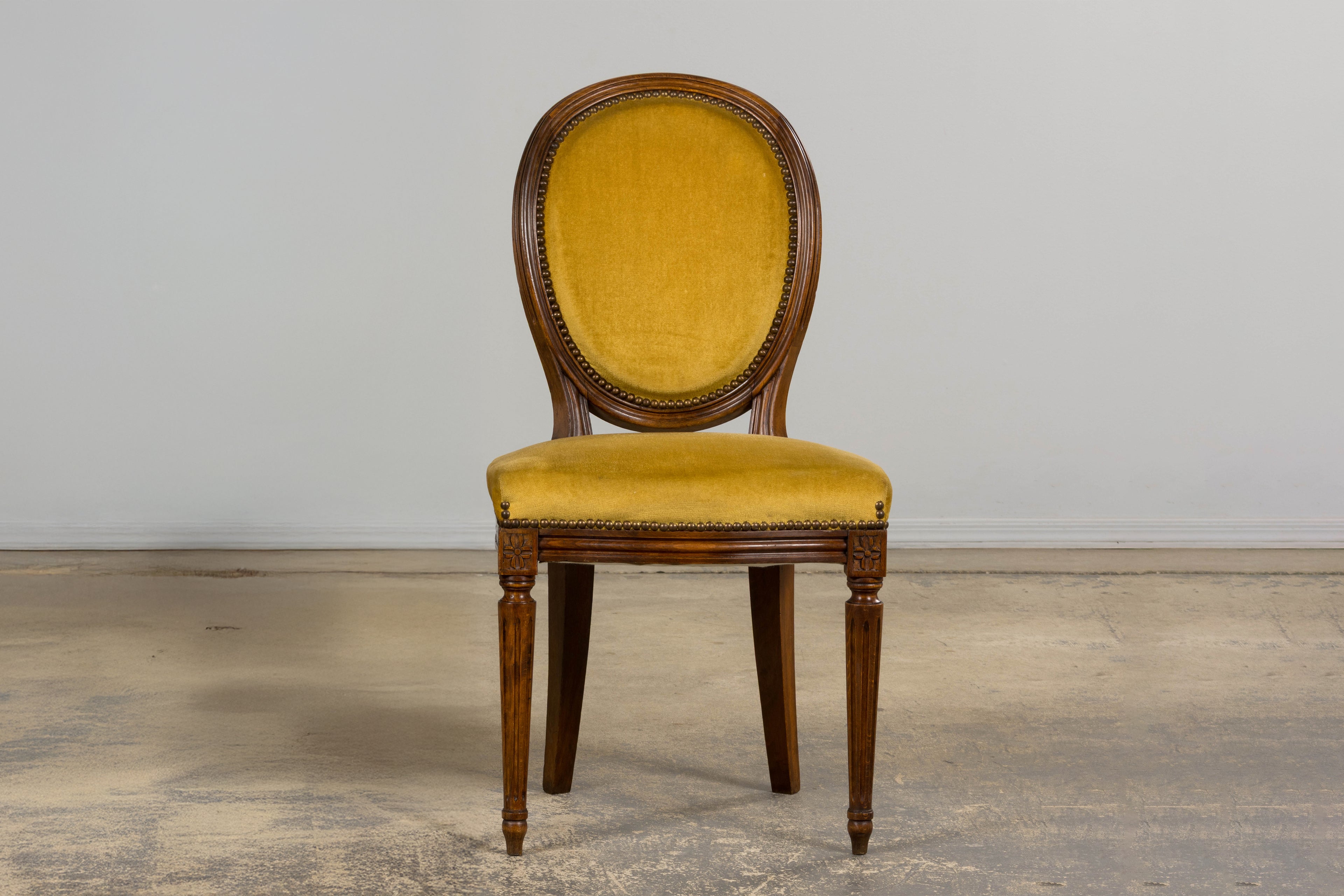 French Louis XVI Style Walnut Side Chair in Golden Yellow Velvet