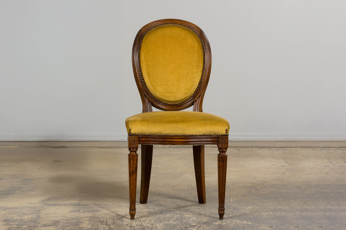 French Louis XVI Style Walnut Side Chair in Golden Yellow Velvet