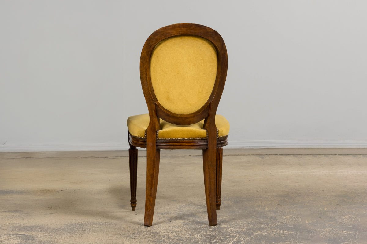 French Louis XVI Style Walnut Side Chair in Golden Yellow Velvet