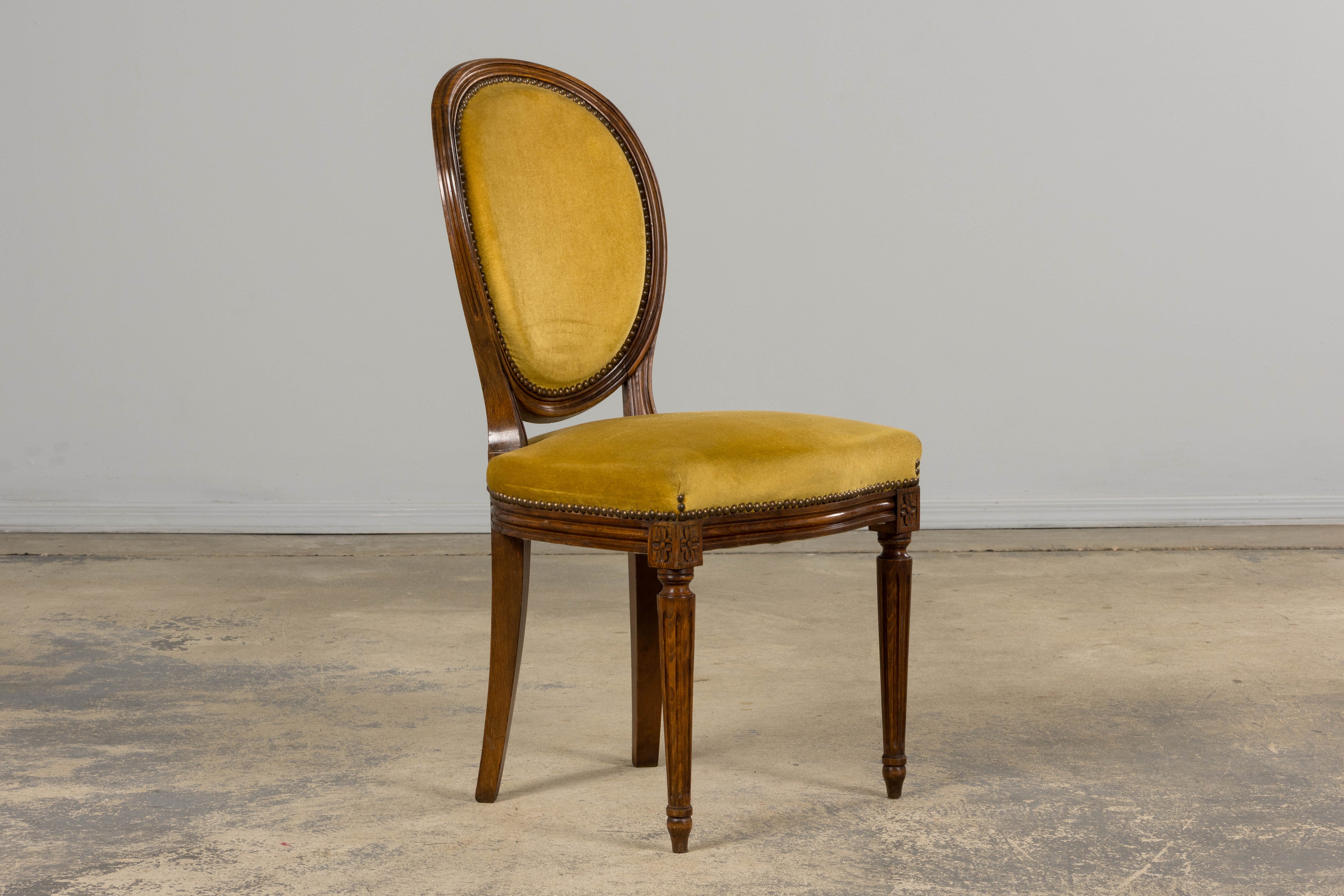 French Louis XVI Style Walnut Side Chair in Golden Yellow Velvet