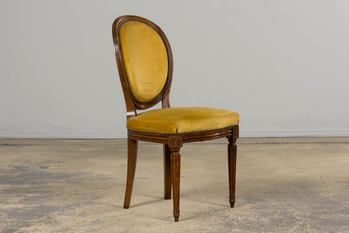 French Louis XVI Style Walnut Side Chair in Golden Yellow Velvet