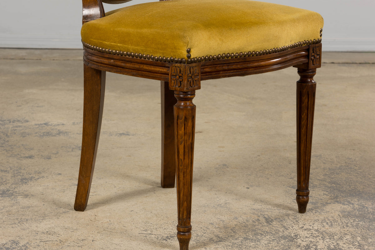 French Louis XVI Style Walnut Side Chair in Golden Yellow Velvet