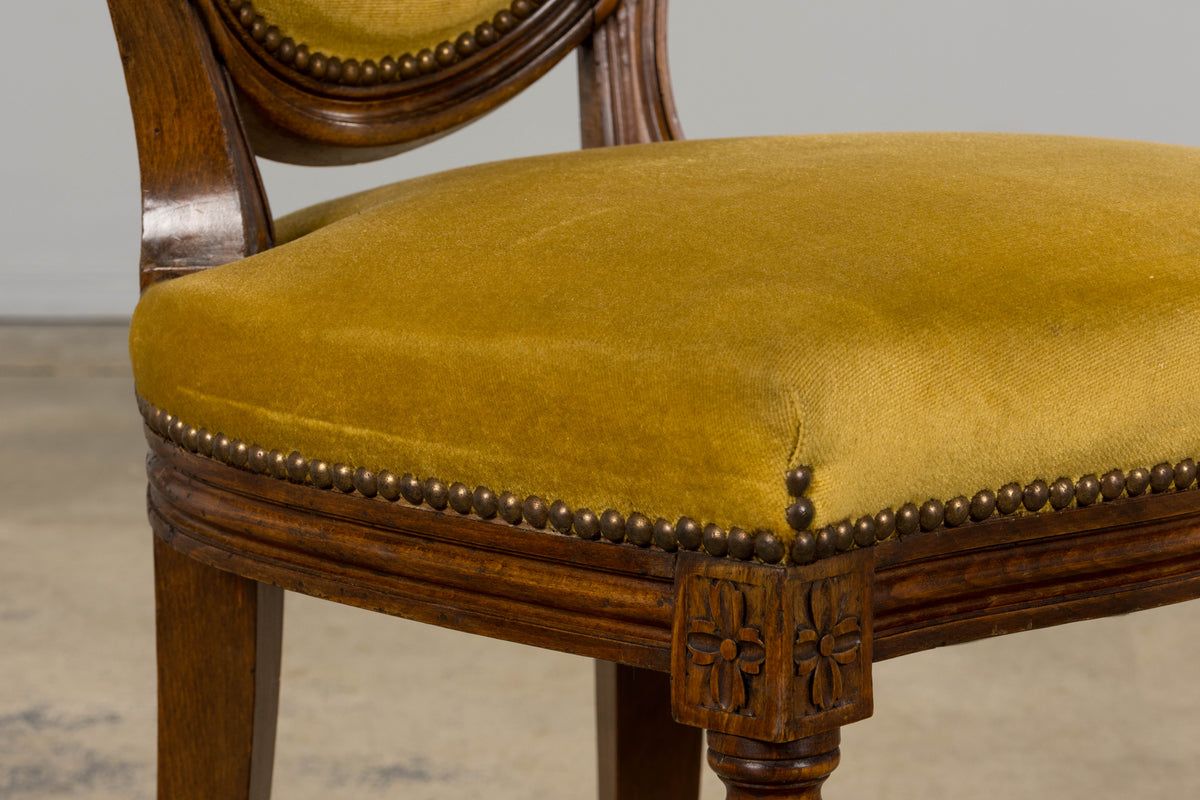 French Louis XVI Style Walnut Side Chair in Golden Yellow Velvet