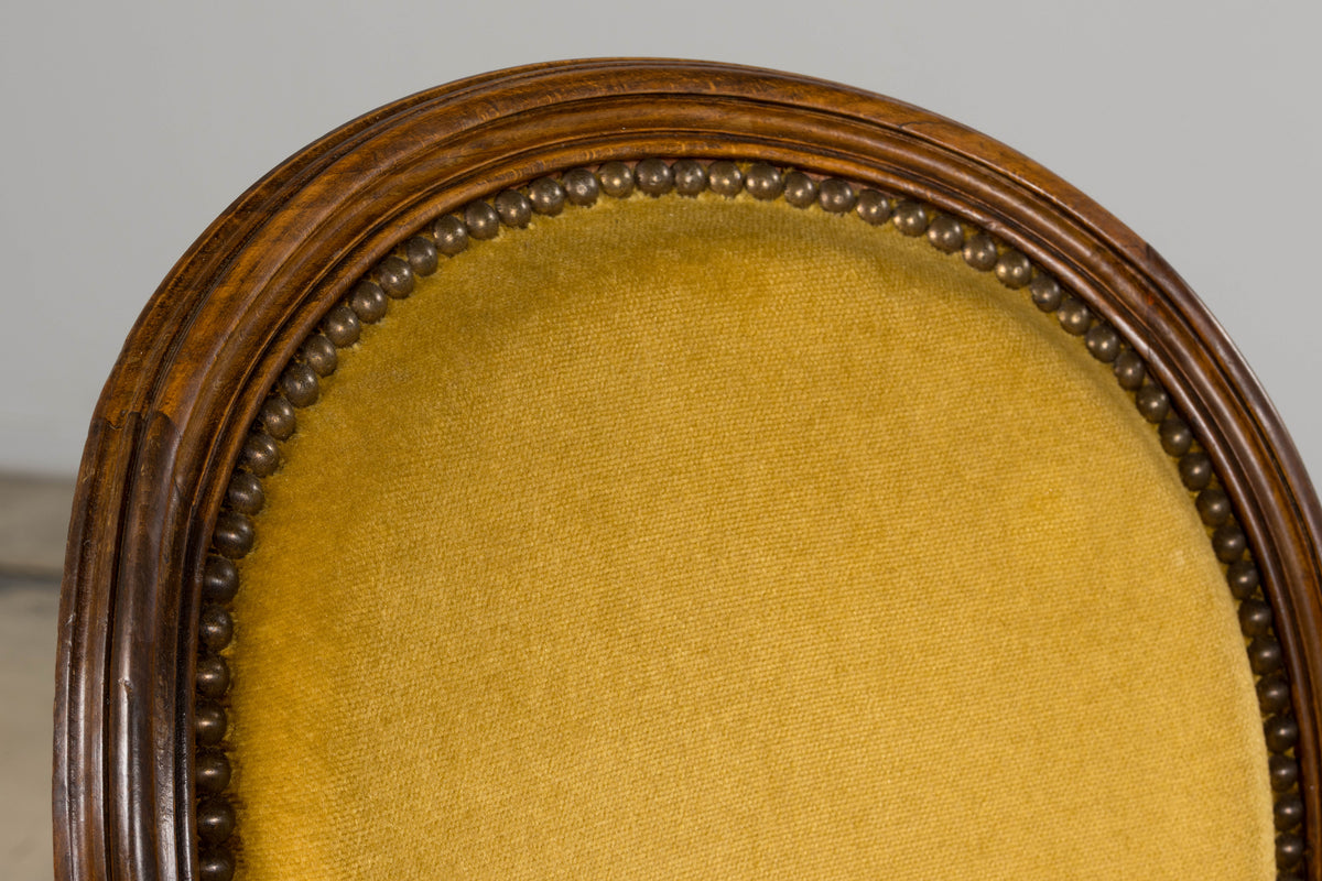 French Louis XVI Style Walnut Side Chair in Golden Yellow Velvet