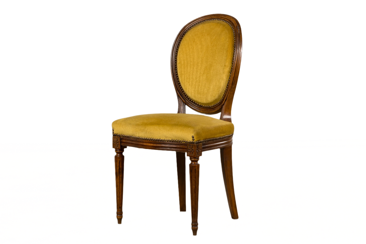 French Louis XVI Style Walnut Side Chair in Golden Yellow Velvet