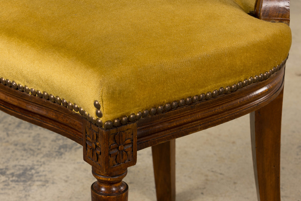 French Louis XVI Style Walnut Side Chair in Golden Yellow Velvet