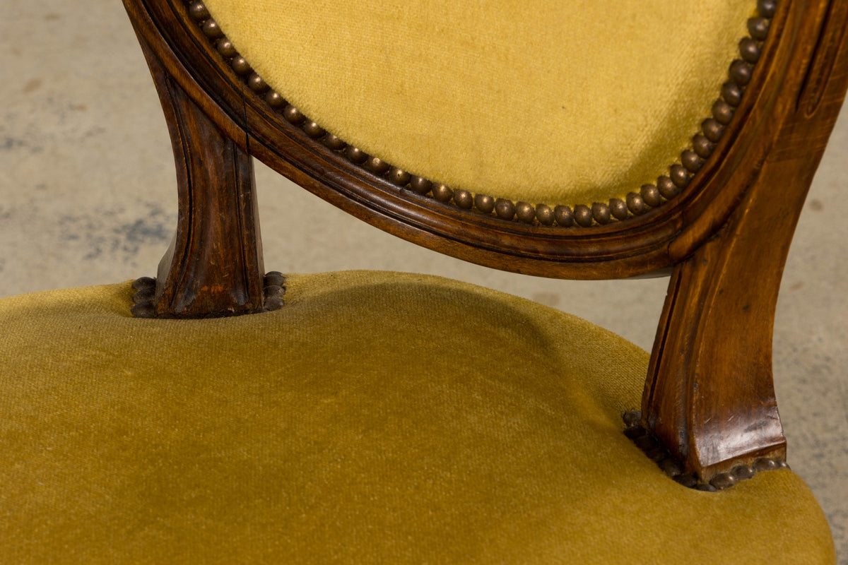 French Louis XVI Style Walnut Side Chair in Golden Yellow Velvet