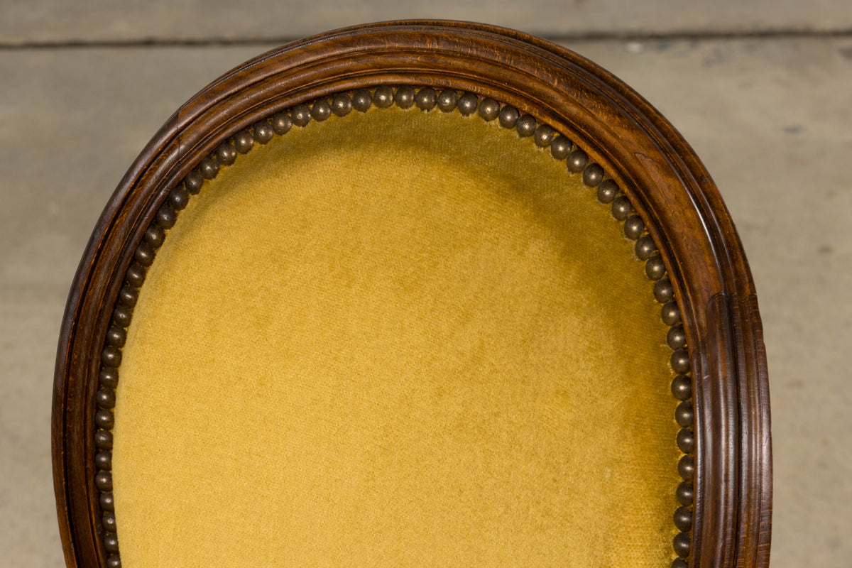 French Louis XVI Style Walnut Side Chair in Golden Yellow Velvet