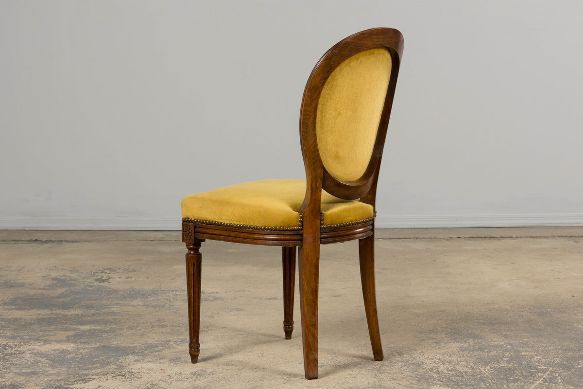 French Louis XVI Style Walnut Side Chair in Golden Yellow Velvet