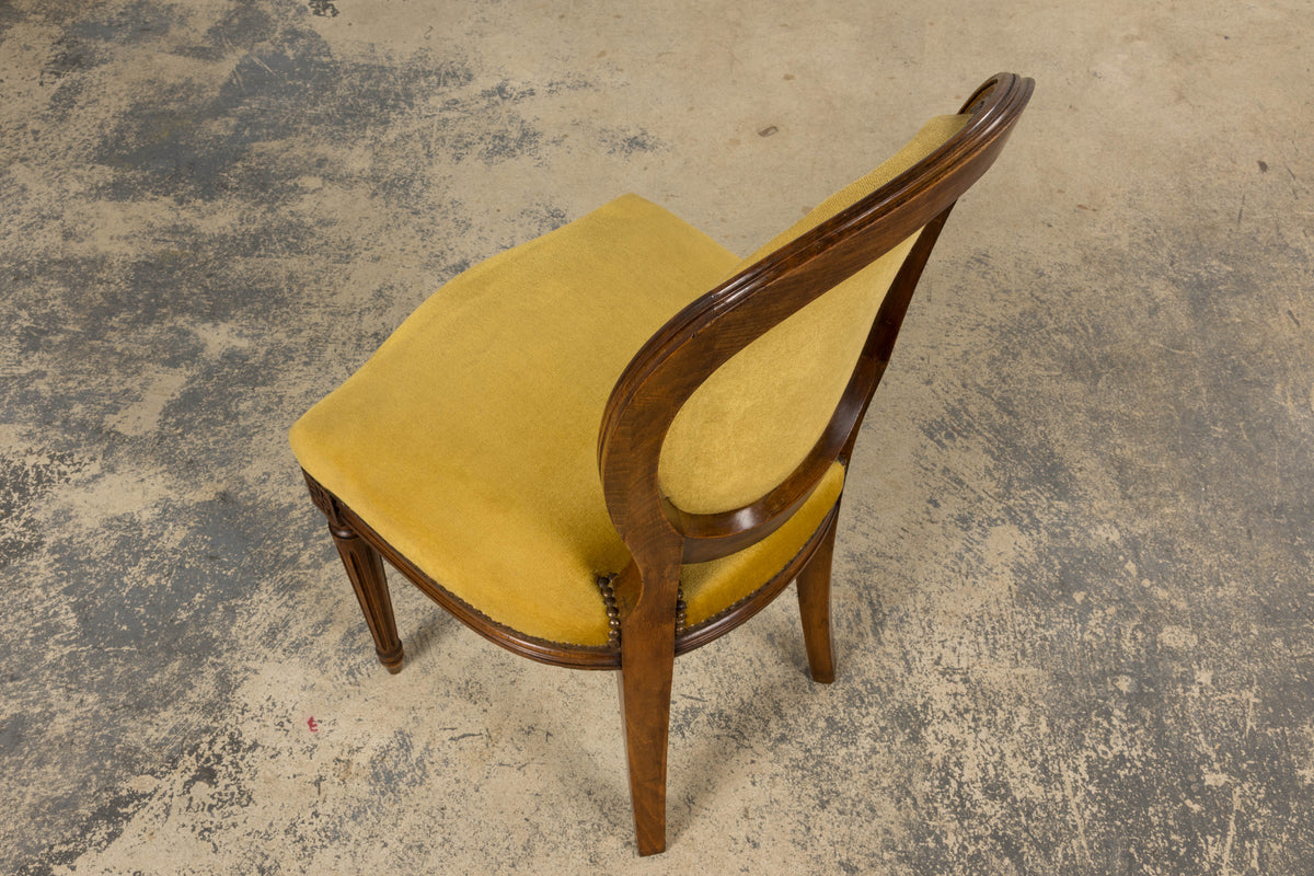 French Louis XVI Style Walnut Side Chair in Golden Yellow Velvet