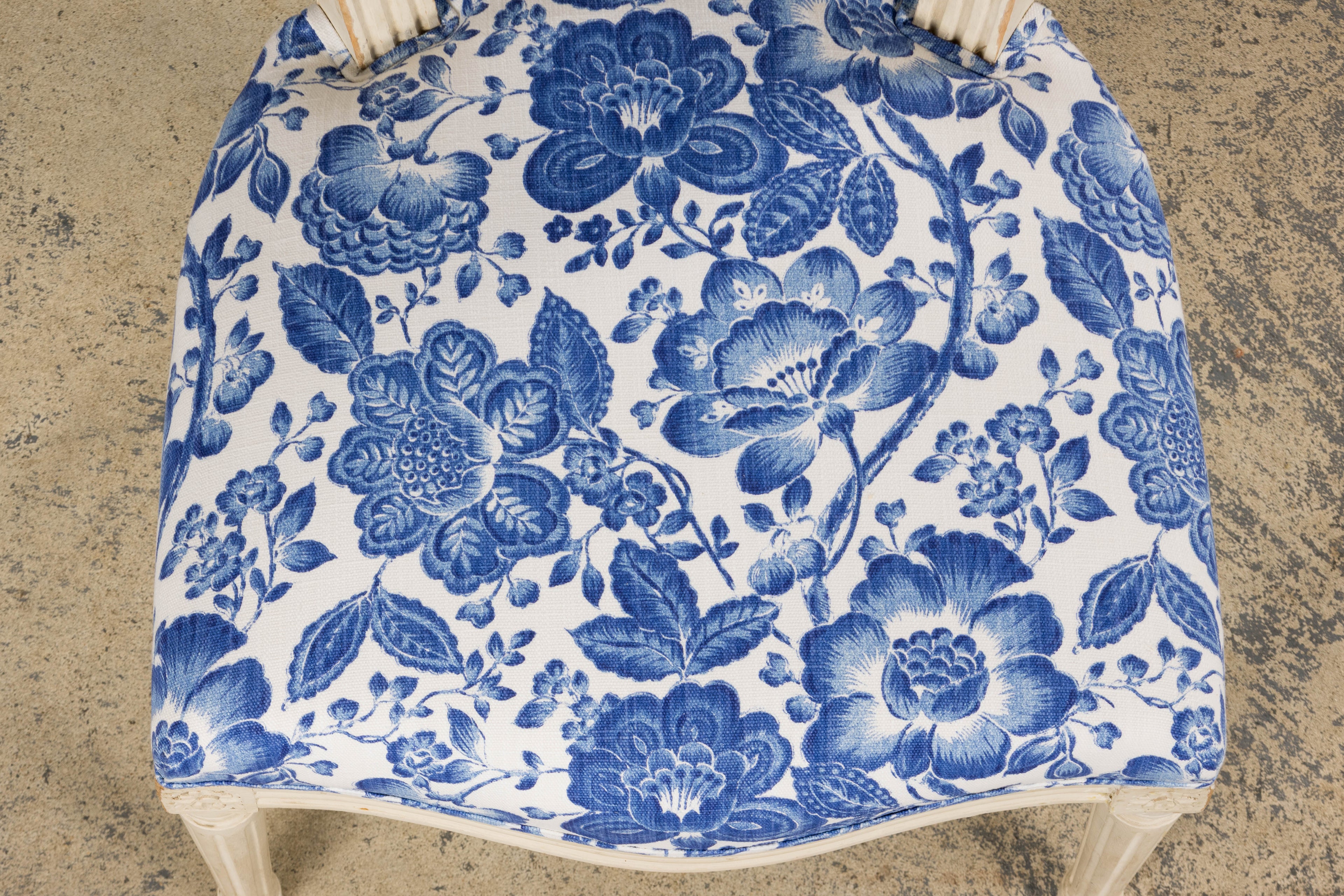 Antique French Louis XVI Style Painted Accent Side Chair in Blue Floral