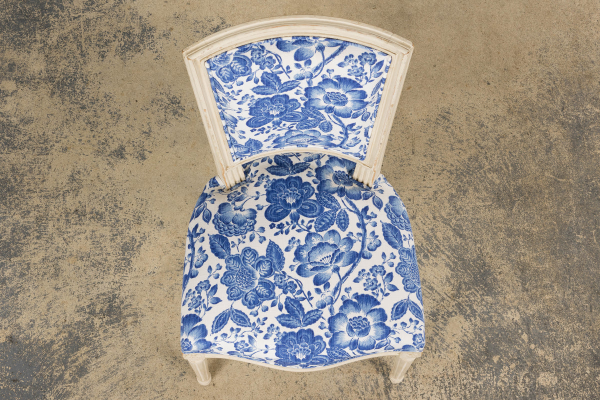 Antique French Louis XVI Style Painted Accent Side Chair in Blue Floral