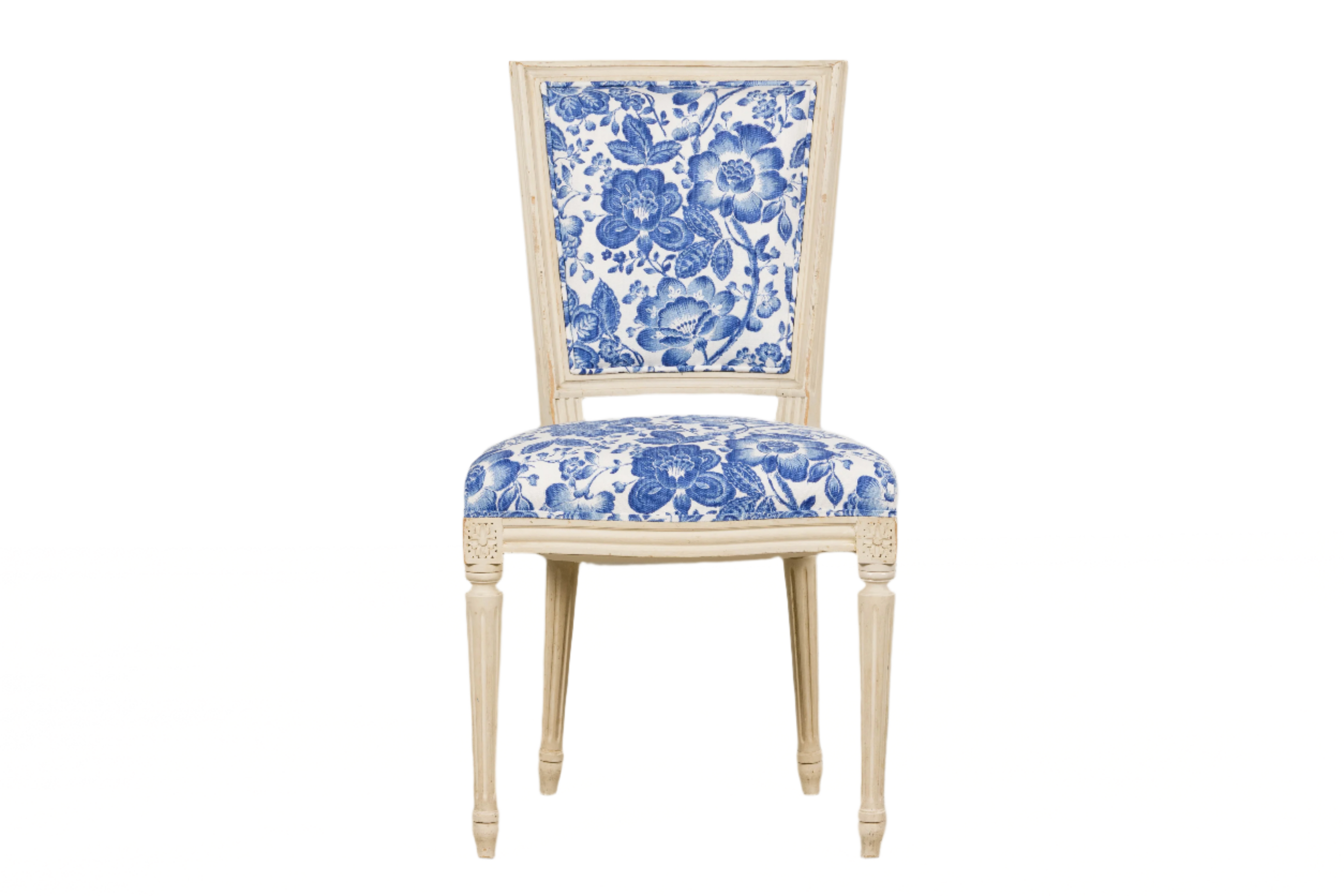 Antique French Louis XVI Style Painted Accent Side Chair in Blue Floral
