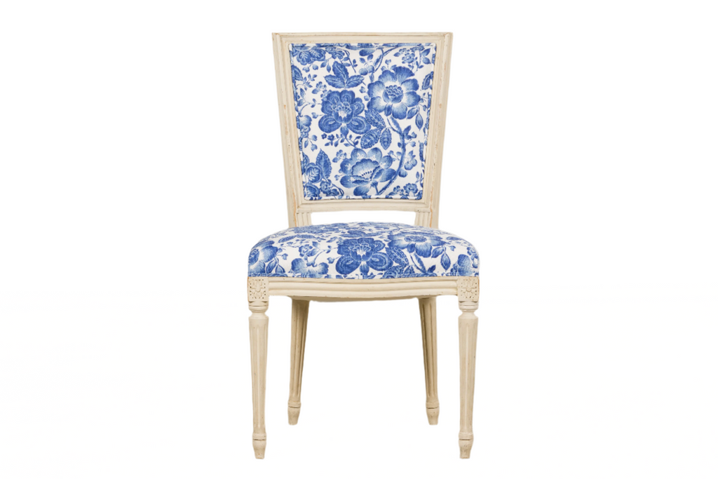 Antique French Louis XVI Style Painted Accent Side Chair in Blue Floral