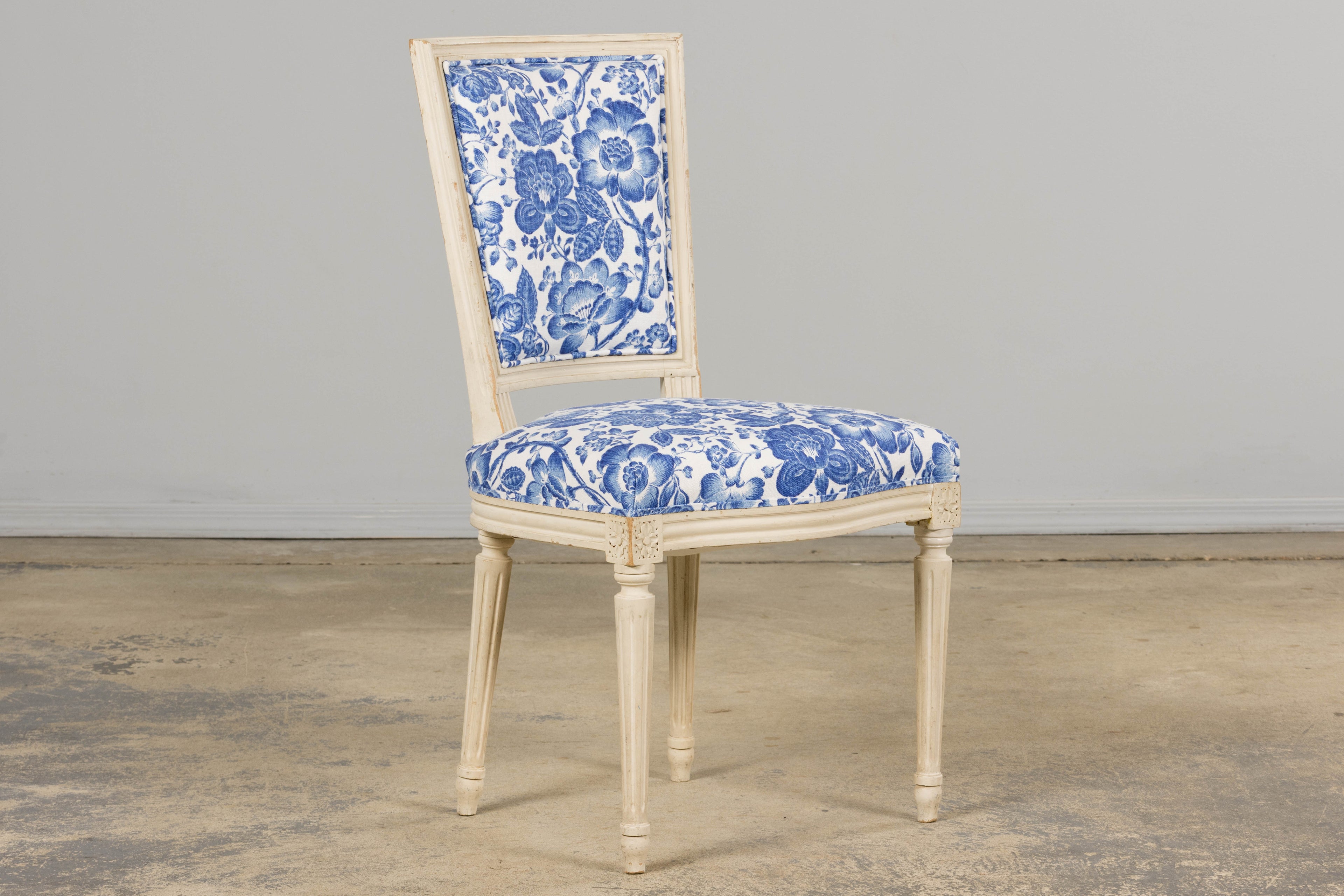 Antique French Louis XVI Style Painted Accent Side Chair in Blue Floral