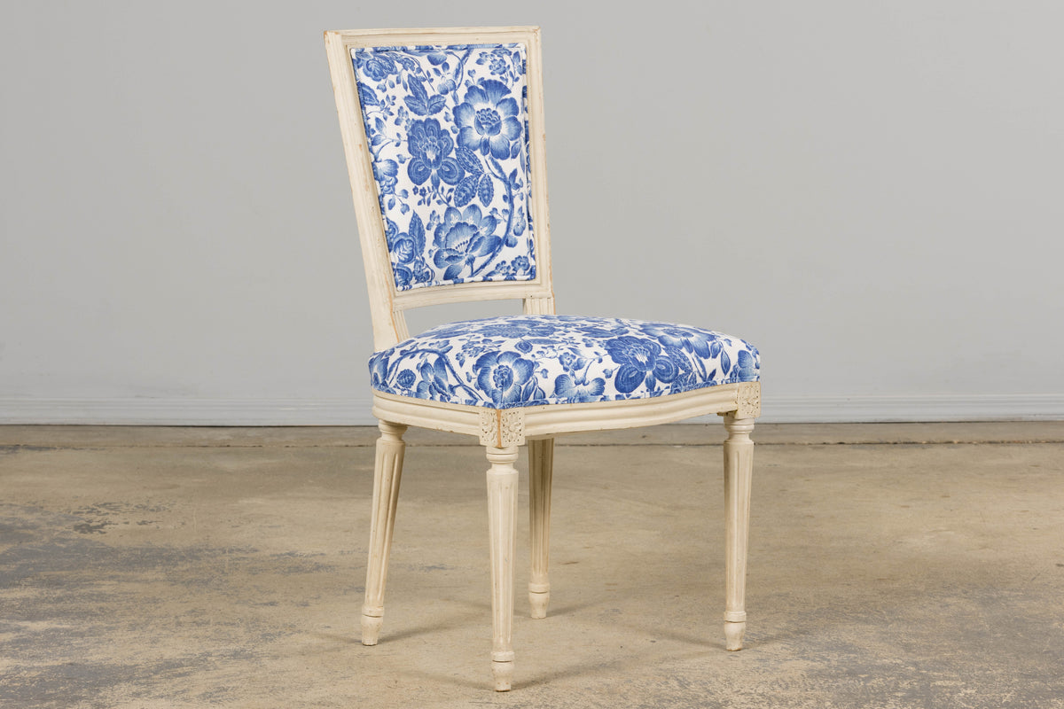 Antique French Louis XVI Style Painted Accent Side Chair in Blue Floral